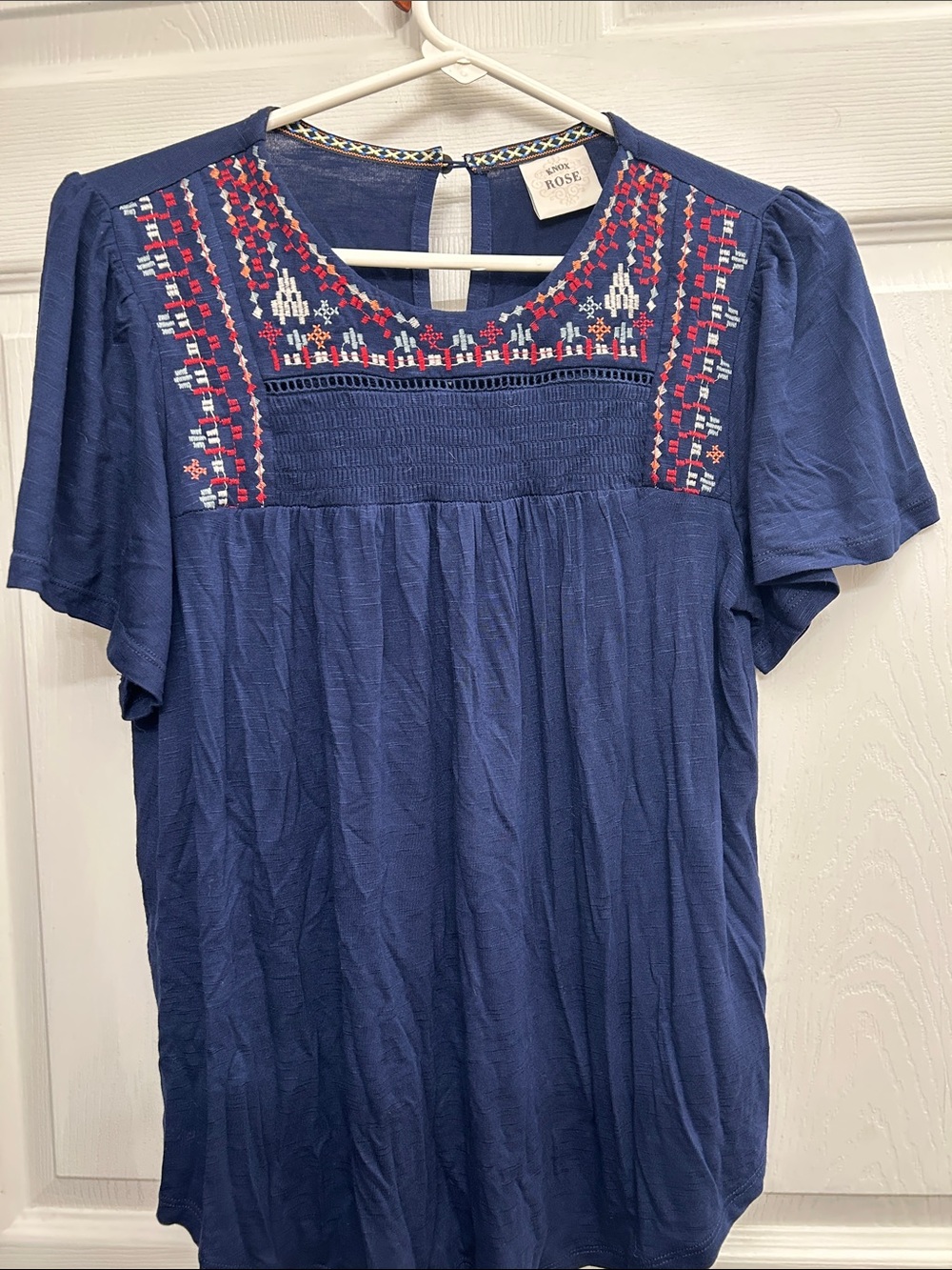 Knox Rose Navy Embroidered Short Sleeve Blouse